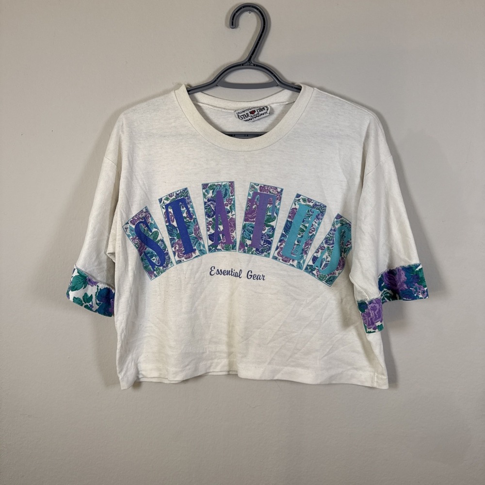 Vtg‎ Star Cody White T-shirt Made in USA Cotton Crop Top Floral Sleeves Status